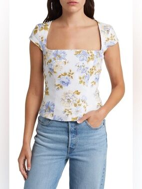 Reformation Cora Floral Print Linen Square Neck Linen Short Sleeve Top Sz 10